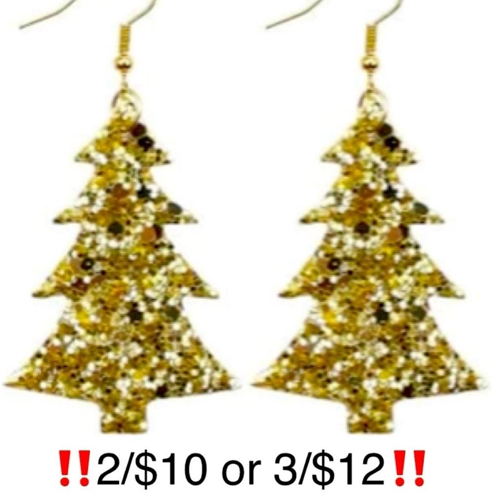 Christmas Tree Earrings Gold Glitter Dangling Faux Leather Holiday Novelty